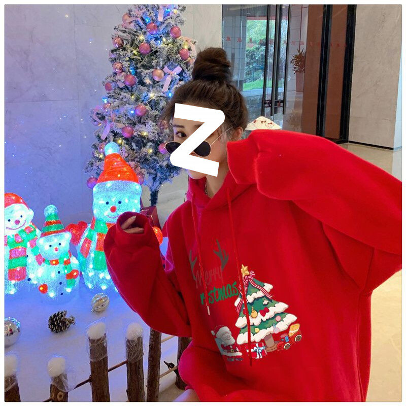 Karácsonyi pulóver piros 80-300 font plusz bársony vastagított kapucnis pulóver női bő felső őszi és téli kabát divat