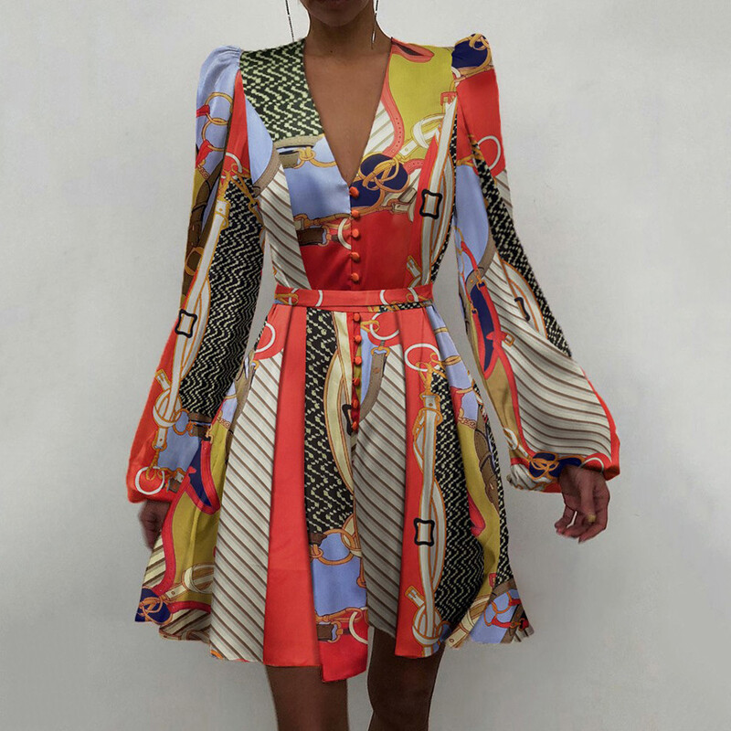 2021. gada pavasara satīna satīna V veida kakla izgriezums, temperamenta slaida kleita sievietēm, Eiropas un Amerikas jauna dizaina īsie svārki ar piedurknēm.