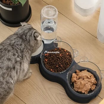 Pet Cat Bowl Автоматична хранилка 3-в-1 Dog Cat Food Bowl с воден фонтан Двойна купа Пиене Повдигната стойка Купи за съдове за котки