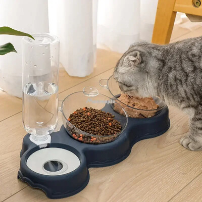 Pet Cat Bowl Автоматична хранилка 3-в-1 Dog Cat Food Bowl с воден фонтан Двойна купа Пиене Повдигната стойка Купи за съдове за котки