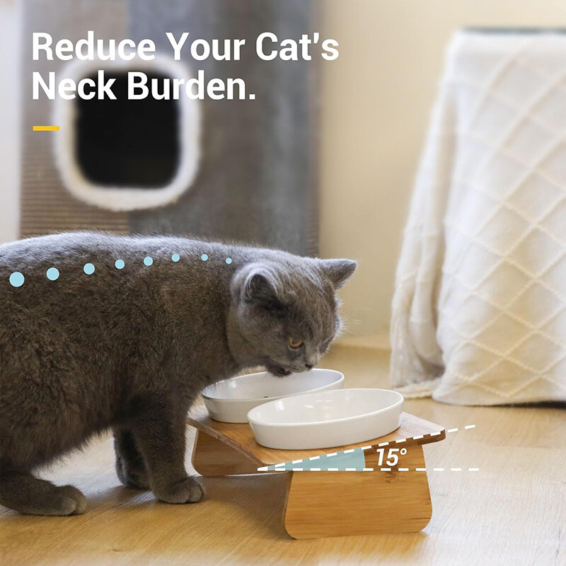 Pakeltas kačių dubuo su bambuko stovu, paaukštintas naminių gyvūnėlių tiektuvas su 2 melamino dubenėliais, pakreiptas maistas ir vanduo kačių šėrimo indas nuo vėmimo