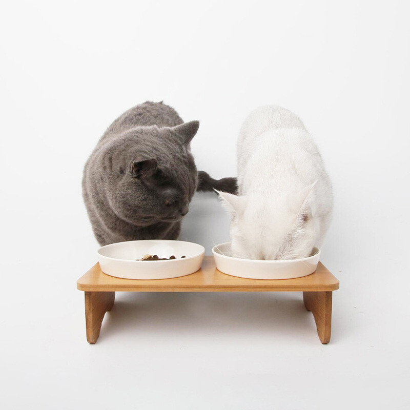 Pakeltas kačių dubuo su bambuko stovu, paaukštintas naminių gyvūnėlių tiektuvas su 2 melamino dubenėliais, pakreiptas maistas ir vanduo kačių šėrimo indas nuo vėmimo