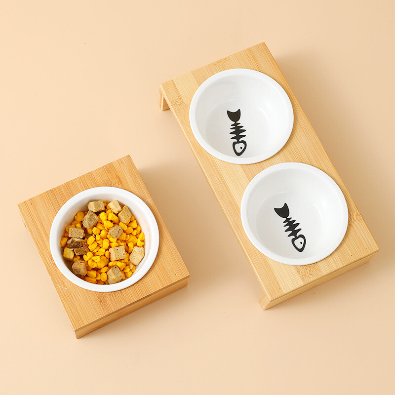 Mājas kaķis un suns Divkārša bļoda Viena bļoda Keramikas bļoda bambusa galds kaķa neslīdošā dubultā bļoda Suņu kaķu barības bļoda