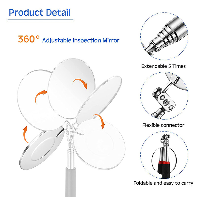 Teleskopinis tikrinimo apvalus veidrodis 360, ištraukiamas, ištraukiamas automobilio žiūrėjimo kampas, reguliuojamas 50 mm teleskopinis automobilio apžiūros veidrodis