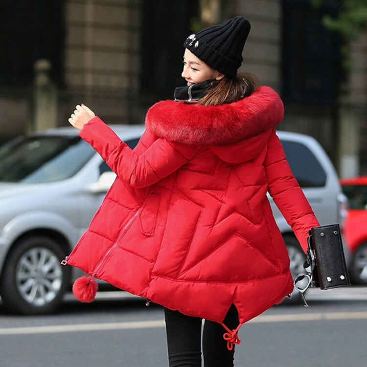 Nový kórejský štýl A-Line s veľkým kožušinovým golierom, zimný kabát pre ženy, hrubý módny tehotenský kabát strednej dĺžky