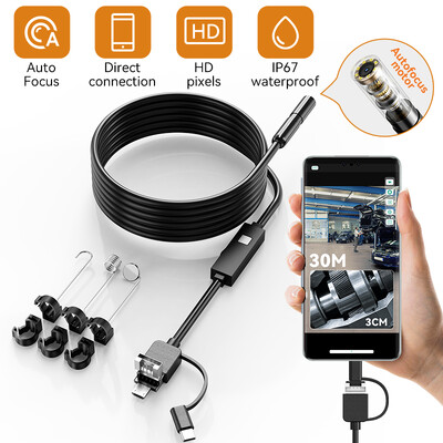 Autofókuszos endoszkóp kamera 3 az 1-ben Type-c Micro USB Ipari Borescope IP67 Vízálló 8LEDS Android PC autós csőcsatornához