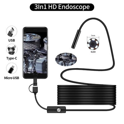 Endoscop industrial de canalizare de 5,5 mm, tubulatura, endoscopie tip C, mini cameră flexibilă cu șarpe, 3 în 1, boroscop auto pentru Android