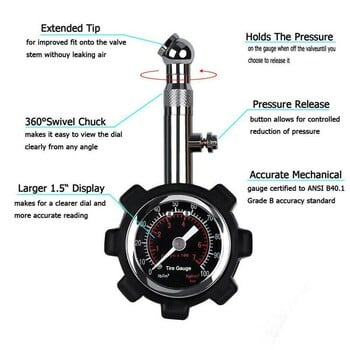 100 PSI манометър в гумите с функция за нулиране Автомобилни аксесоари за манометър за въздушно налягане в тежкотоварни автомобили