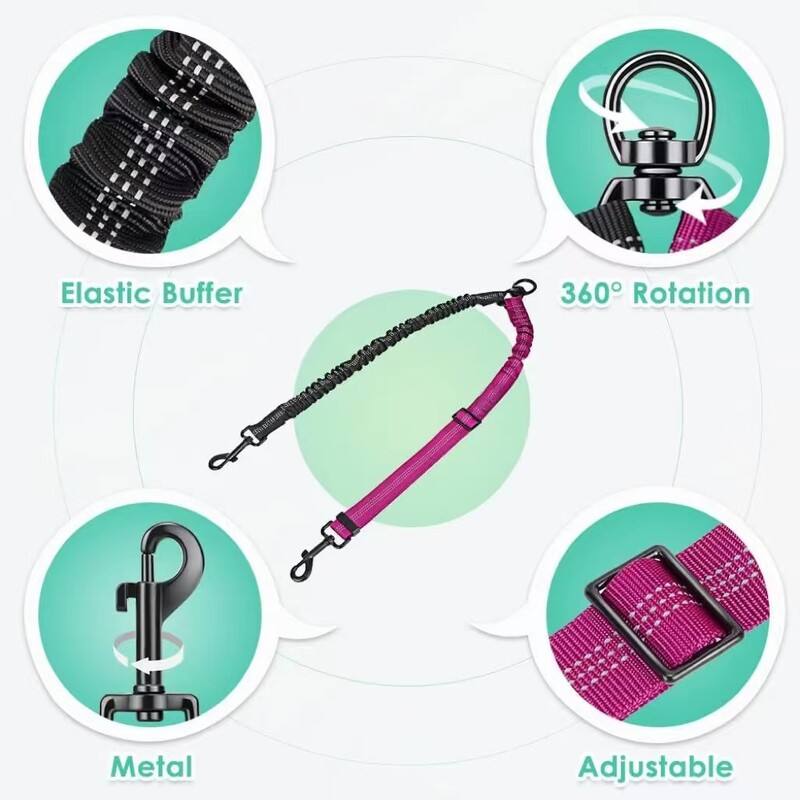 16 pėdų ilgio dviejų šunų pavadėlio priedas – dvigubi pavadėliai, skirti dresuoti mažus ir didelius šunis – reguliuojamas dirželis, smūgius sugeriantis guma