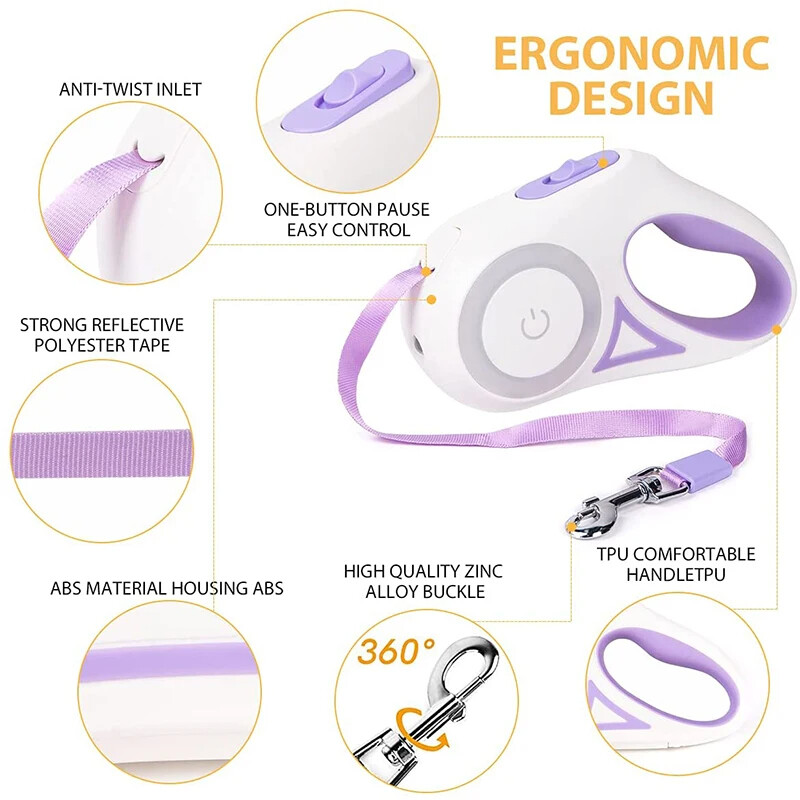 3M/5M automatické navíjacie vodítko pre psa s baterkou, LED svietiace v noci, vodítko na chôdzu, odolné nylonové vonkajšie vodítko pre psa