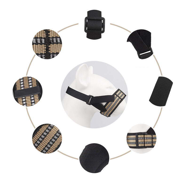 Šviesą atspindintys taktiniai antsnukiai vidutinio dydžio šunims, vadeliai, skirti treniruoti nuo lojimo.