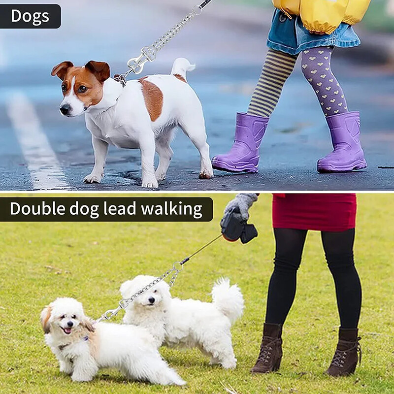 Sunkaus metalo dvigubo šunų pavadėlio sukabintuvas, atsparus kramtymui, nesipainiojimas su dvigubu naminių šunų pavadėlio ilgintuvu, skirtas 2 šunims pasivaikščioti