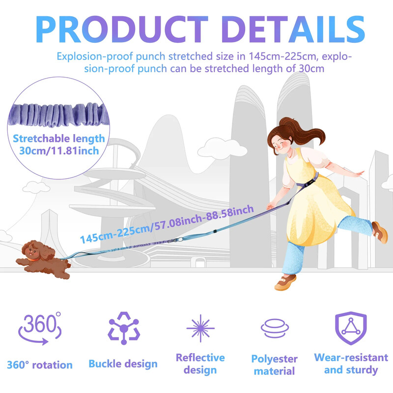 Šuns pavadėlis, šviesą atspindintis, reguliuojamas diržas, nešiojamas bėgimas, patogus vaikščioti naminių gyvūnėlių šuns krūtinės dirželis, traukiamasis lynas šuns pavadėlis