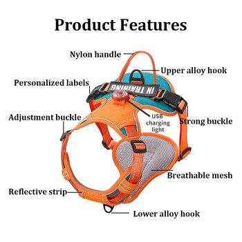 USB заредена светлина Dog Harness Персонализирана жилетка с каишка за кучета Дишаща регулируема каишка за домашни любимци, подходяща за малки до средни кучета