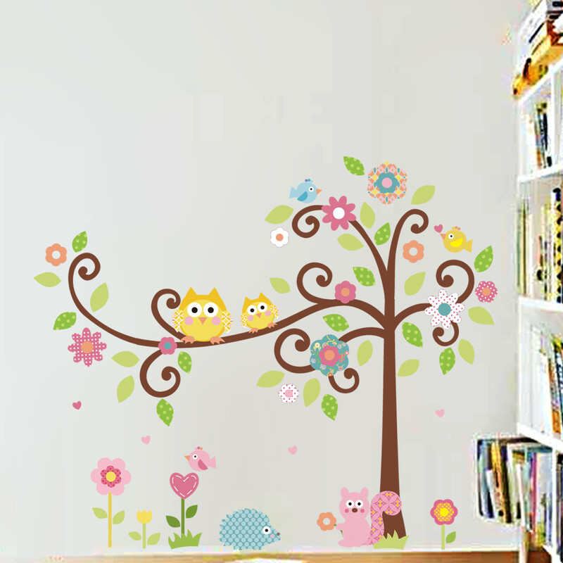 ZY1001 naujas sieninis lipdukas animacinis filmas Pelėda sulenkta medžio voverė darželio sienos lipdukas