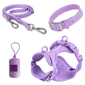 Violetas suņu kaklasiksnas un pavadas PVC ērta suņu iejūga Regulējama krūšu siksna vidējiem un lieliem suņiem pastaigu apmācībai
