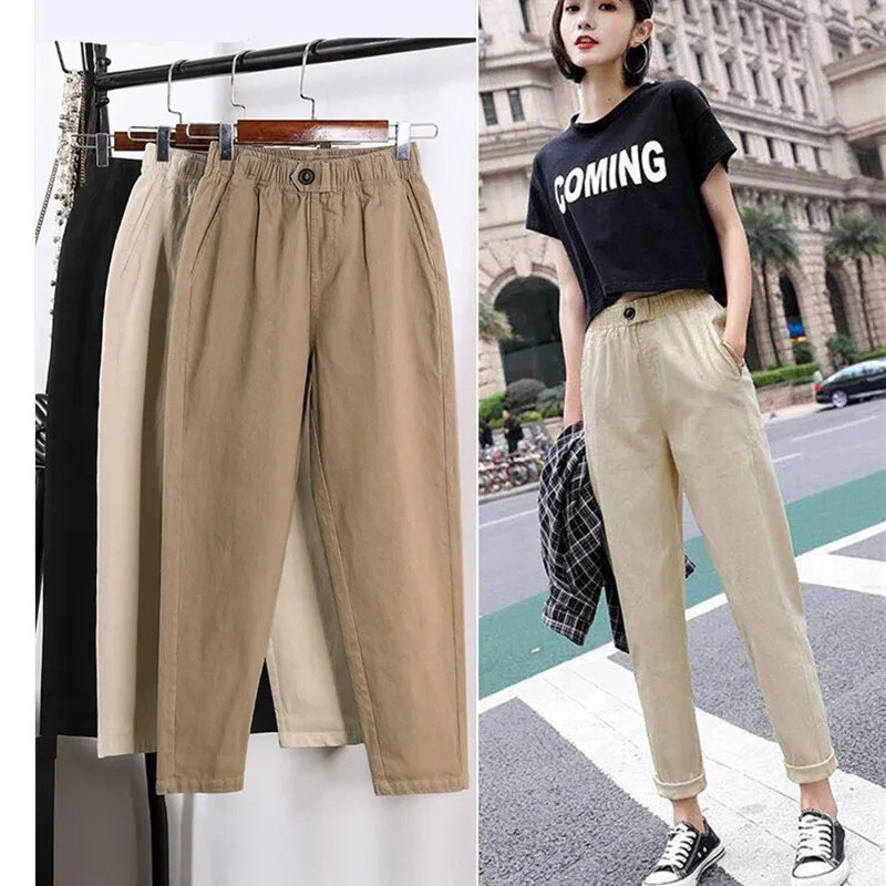 Pantaloni subțiri în nouă puncte din bumbac pur Moda ocazională de primăvară și toamnă Pantaloni literari cu talie elastică Pantaloni harem universali de slăbit de culoare uni