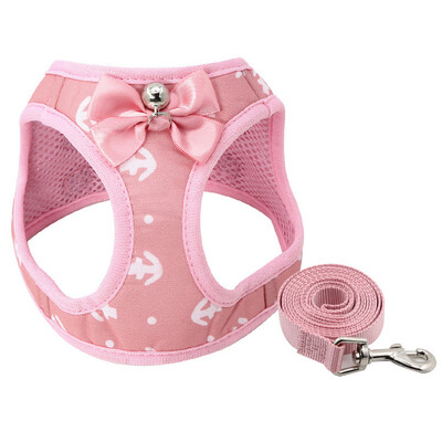 Set de ham și lesă pentru câini, pisici, foarte mici, mici și mijlocii, model de ancore, plasă, căptușit, ham pentru vestă pentru pisici, cu fundă cu clopoței