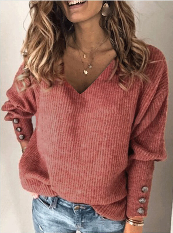 2023 Európai és amerikai határon átnyúló külkereskedelmi új női bő, hosszú ujjú egyszínű, V-nyakú női pulóverek