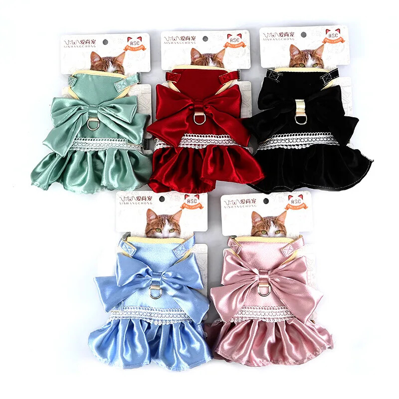 Luksuzna haljina za pojas za mačke, dizajn velikih mašni, odjeća za mačke, podesivi set za pojas za kućne ljubimce i povodac za mačke, male pse, yorkija pudla