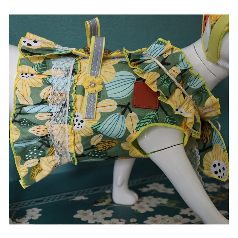 Šunų suknelės diržų pavadėlio rinkinys mažiems ir vidutiniams šunims, vaikščiojantiems katėms vasarą su gėlių raštais Prabangaus dizaino šuniuko trumpa suknelė su perlų lanku