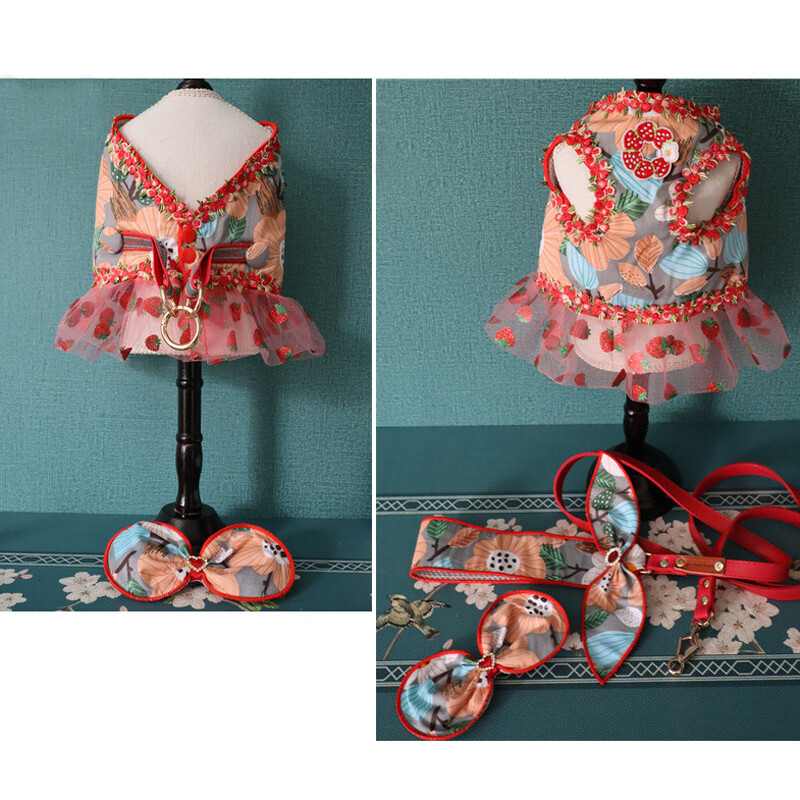 Šunų suknelės diržų pavadėlio rinkinys mažiems ir vidutiniams šunims, vaikščiojantiems katėms vasarą su gėlių raštais Prabangaus dizaino šuniuko trumpa suknelė su perlų lanku