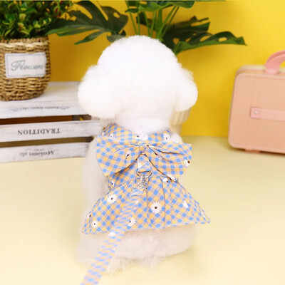 Rochii drăguțe pentru câini Rochie pentru cățeluș cu nod cu fundă, cu frânghie de tragere, ham pentru câini cu imprimare florală, haine adorabile pentru animale de companie pentru Yorkshire Chihuahua