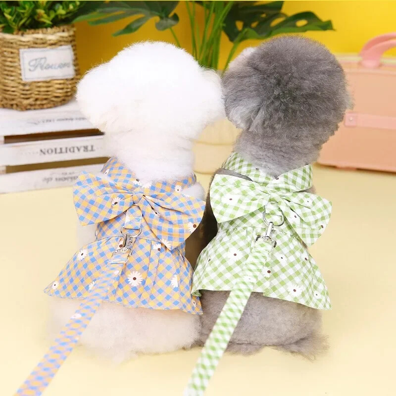 Rochii drăguțe pentru câini Rochie pentru cățeluș cu nod cu fundă, cu frânghie de tragere, ham pentru câini cu imprimare florală, haine adorabile pentru animale de companie pentru Yorkshire Chihuahua