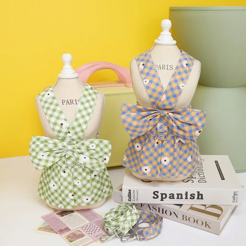 Rochii drăguțe pentru câini Rochie pentru cățeluș cu nod cu fundă, cu frânghie de tragere, ham pentru câini cu imprimare florală, haine adorabile pentru animale de companie pentru Yorkshire Chihuahua