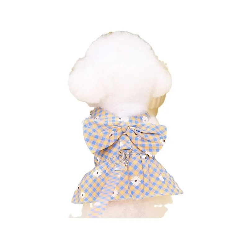 Rochii drăguțe pentru câini Rochie pentru cățeluș cu nod cu fundă, cu frânghie de tragere, ham pentru câini cu imprimare florală, haine adorabile pentru animale de companie pentru Yorkshire Chihuahua