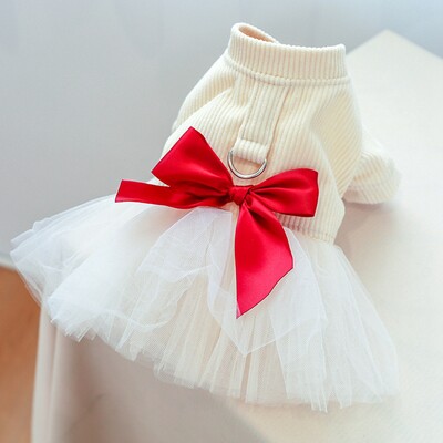 Ziemas silta suņu meiteņu džemperkleita Bowtie Tutu svārki ar D pavadas gredzenu mājdzīvnieku trikotāžas drēbes maziem un vidējiem suņu kucēniem Džemperis