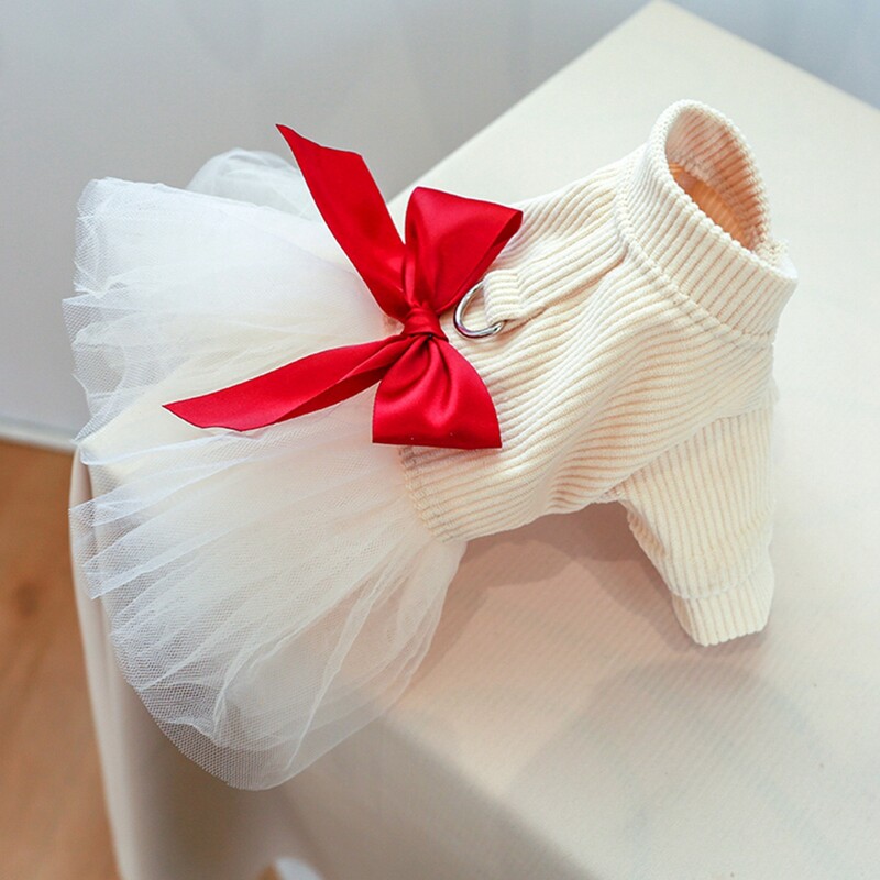 Iarna calduroasa rochie de pulover pentru cainele fete Fusta tutu cu papion cu inel de lesa D Haine tricotate pentru animale de companie pentru catelusi de talie medie, mici