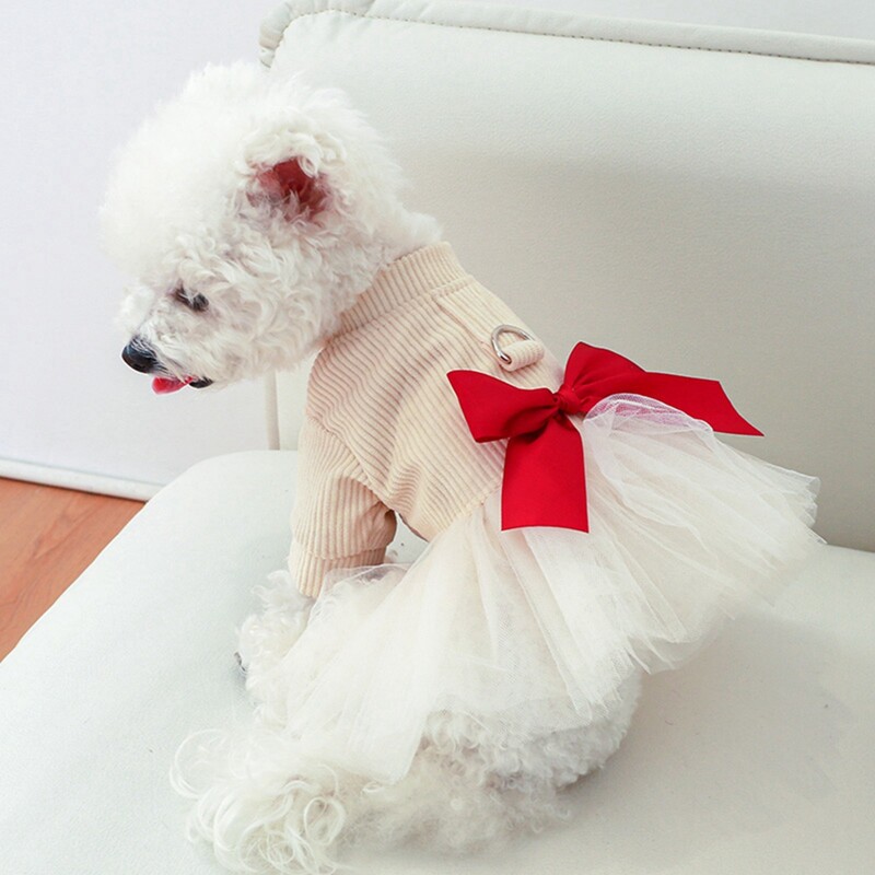 Iarna calduroasa rochie de pulover pentru cainele fete Fusta tutu cu papion cu inel de lesa D Haine tricotate pentru animale de companie pentru catelusi de talie medie, mici