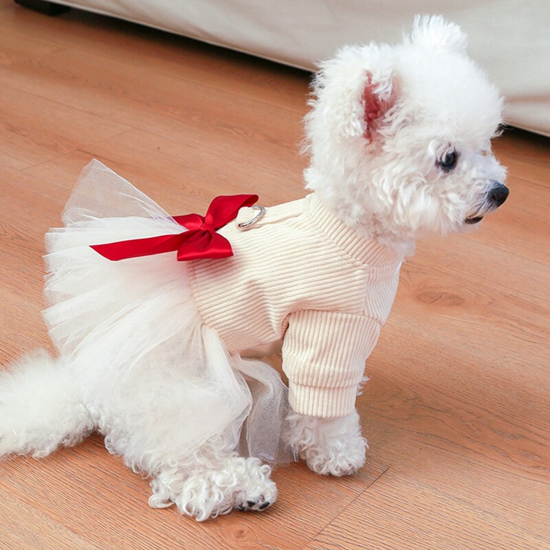Iarna calduroasa rochie de pulover pentru cainele fete Fusta tutu cu papion cu inel de lesa D Haine tricotate pentru animale de companie pentru catelusi de talie medie, mici