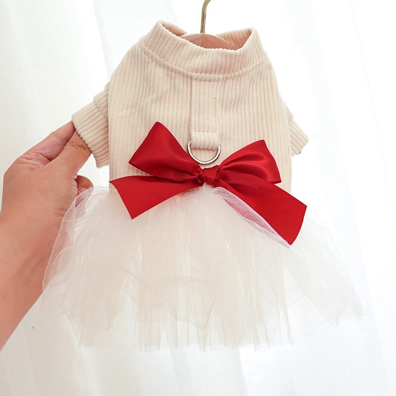 Iarna calduroasa rochie de pulover pentru cainele fete Fusta tutu cu papion cu inel de lesa D Haine tricotate pentru animale de companie pentru catelusi de talie medie, mici