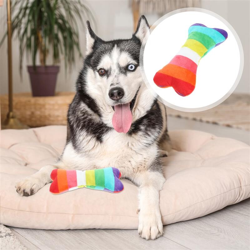 Jauka varavīksnes kaula suņa plīša rotaļlieta Krāsaina suņa vokāla rotaļlieta izturīga suņa zobu slīpēšanas izturīga pret sakodienu, kauliem pildīti plīša piederumi mājdzīvniekiem