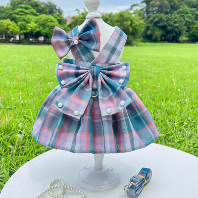 Postroj pre domáce zvieratá, sada vodítok, roztomilé kockované šaty pre psov, mačka, pes, sviatočný kostým, letné dievča, oblečenie pre domáce zvieratá s mašľou, šteňa, princezná, šaty