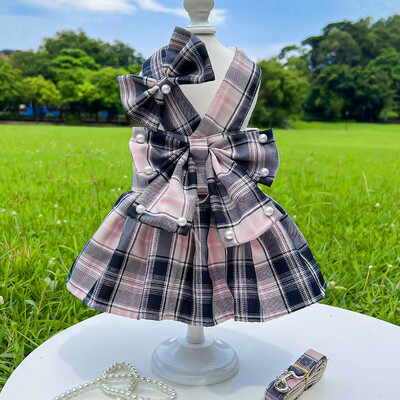 Postroj pre domáce zvieratá, sada vodítok, roztomilé kockované šaty pre psov, mačka, pes, sviatočný kostým, letné dievča, oblečenie pre domáce zvieratá s mašľou, šteňa, princezná, šaty