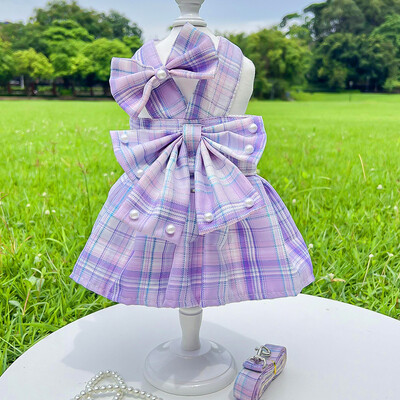 Postroj pre domáce zvieratá, sada vodítok, roztomilé kockované šaty pre psov, mačka, pes, sviatočný kostým, letné dievča, oblečenie pre domáce zvieratá s mašľou, šteňa, princezná, šaty