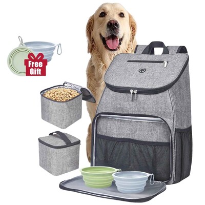 5 iepakojumu pelēka ceļojumu soma suņu kaķu piederumu mugursoma, ūdensizturīgi autiņbiksīšu paliktņi pārtikas uzglabāšanai ceļojumu āra pārnēsājamo mugursomu komplekts