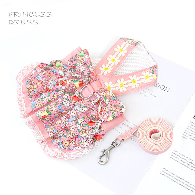 Rochii pentru animale de companie în stil prințesă, fustă florală, bretele din bumbac, îmbrăcăminte pentru pisici, vestă dulce pentru câini, lesă ham pentru câini de talie mică