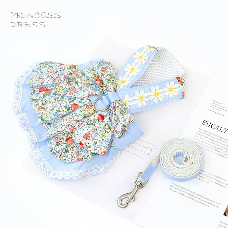 Rochii pentru animale de companie în stil prințesă, fustă florală, bretele din bumbac, îmbrăcăminte pentru pisici, vestă dulce pentru câini, lesă ham pentru câini de talie mică