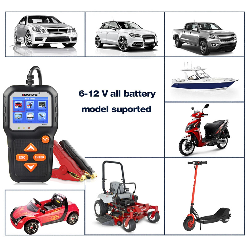 KONNWEI KW650 automobilių motociklo akumuliatoriaus testeris 6V 12V automatinis akumuliatoriaus analizatorius nuo 100 iki 2000 CCA automobilių motociklų paleidimo įkrovimo bandymo įrankis