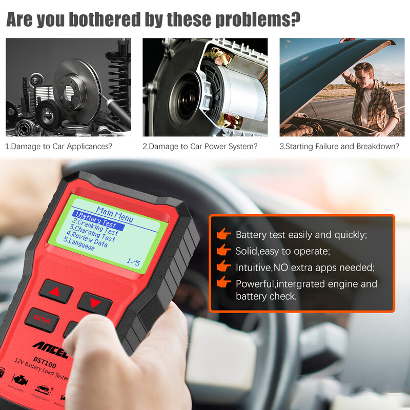 ANCEL BST100 automobilio akumuliatoriaus testeris, 12 V akumuliatoriaus analizatorius, sukimo įkrovimo grandinės bandymas, akumuliatoriaus testeris, automobilio diagnostikos įrankiai PK BM550