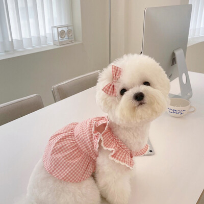 Šunų drabužiai Princesės rožinė languota suknelė, augintinė Meškiukas Pomeranijos meškiukas Mažas katės sijonas