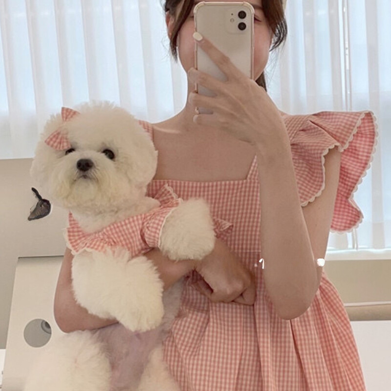 Šunų drabužiai Princesės rožinė languota suknelė, augintinė Meškiukas Pomeranijos meškiukas Mažas katės sijonas