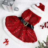 Set de 2 rochii de Crăciun pentru câini Rochie pentru cățeluș din catifea cu centură Paiete pentru cățeluș Haine neclare pentru câini Petrecere de Crăciun Pet Pisică Haine caldă A