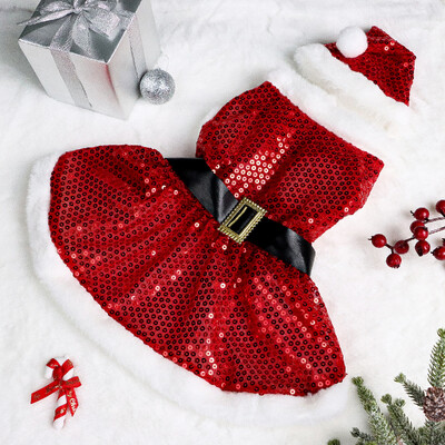 Set de 2 rochii de Crăciun pentru câini Rochie pentru cățeluș din catifea cu centură Paiete pentru cățeluș Haine neclare pentru câini Petrecere de Crăciun Pet Pisică Haine caldă A