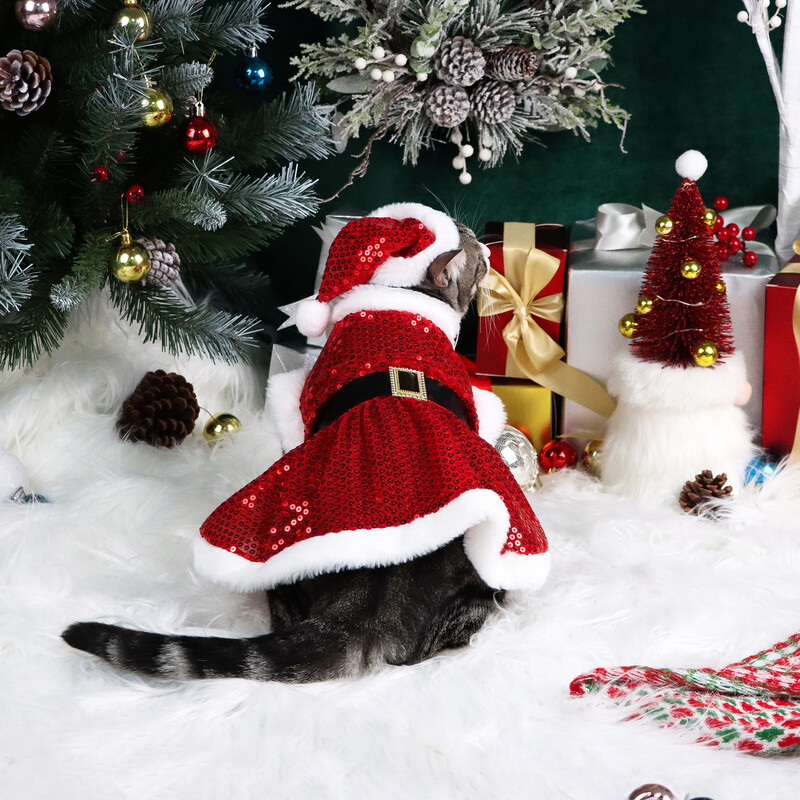 Set de 2 rochii de Crăciun pentru câini Rochie pentru cățeluș din catifea cu centură Paiete pentru cățeluș Haine neclare pentru câini Petrecere de Crăciun Pet Pisică Haine caldă A