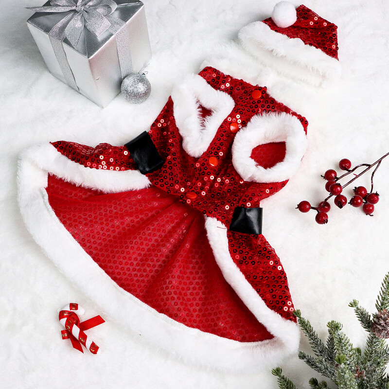 Set de 2 rochii de Crăciun pentru câini Rochie pentru cățeluș din catifea cu centură Paiete pentru cățeluș Haine neclare pentru câini Petrecere de Crăciun Pet Pisică Haine caldă A